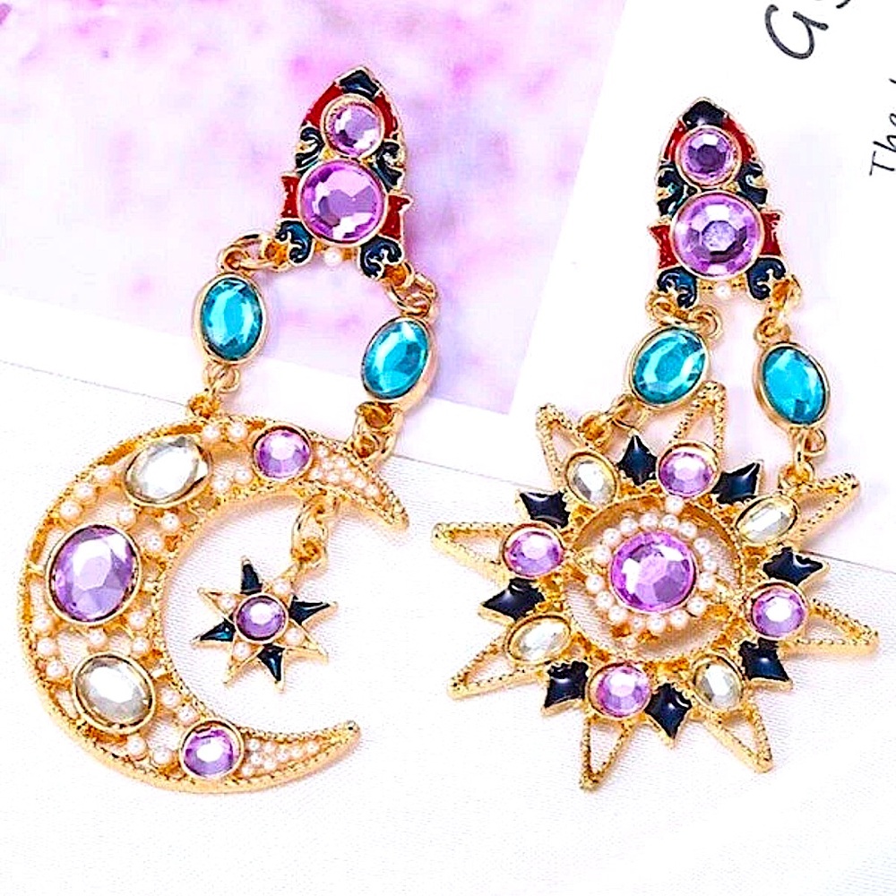 Celestial Moon Star Gold Plated Dangle Earrings Statement accent Stones - Picture 9 of 14